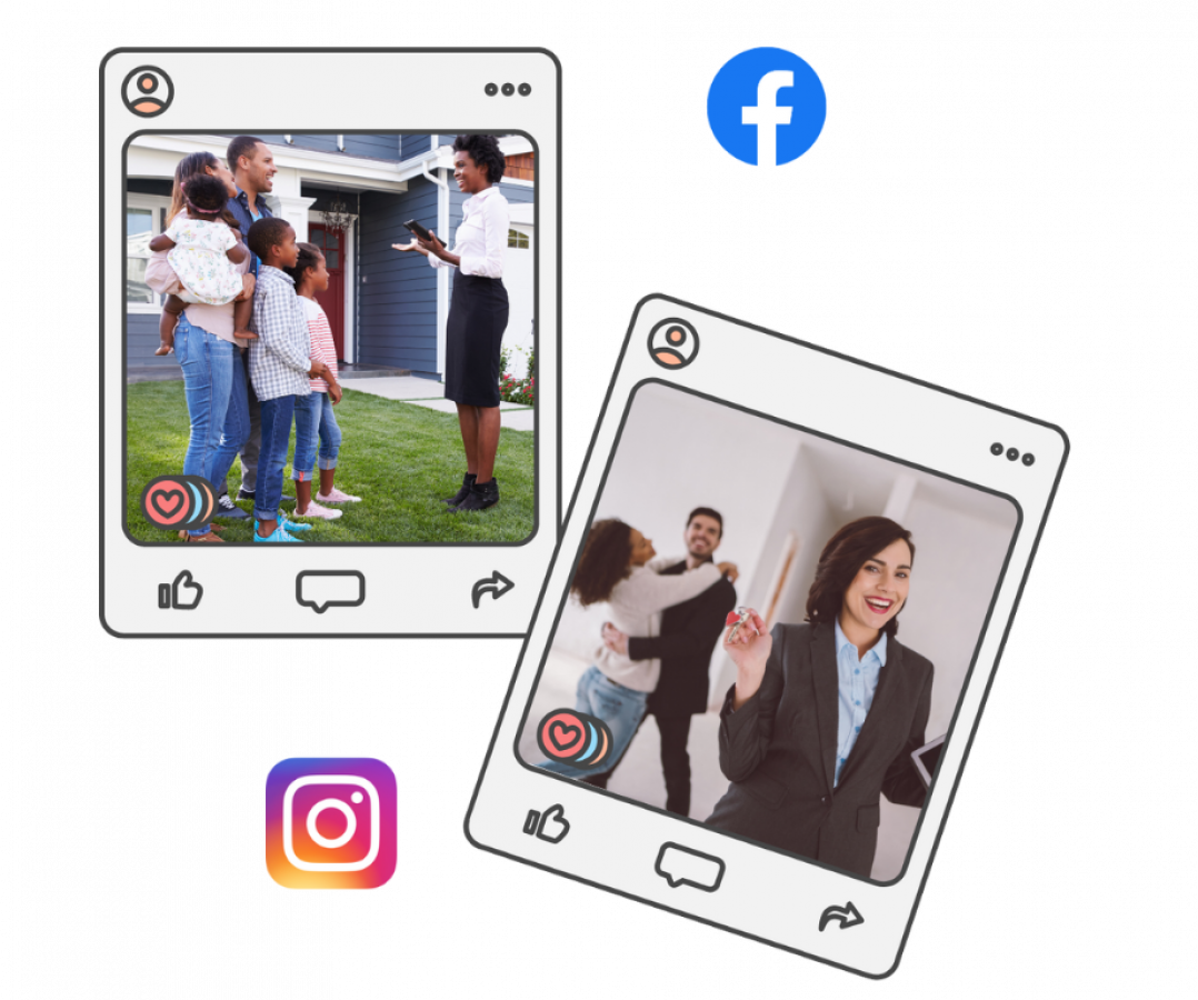 Illustration depicting a social media post and various social media icons, representing social media management for real estate professionals.